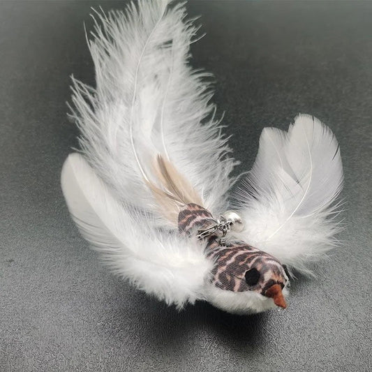 Baguette plume oiseau pour chat avec plumes blanches et motif réaliste pour jeu félin