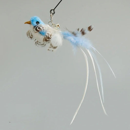 Baguette plume oiseau pour chat bleu et blanc suspendue avec longues plumes fines