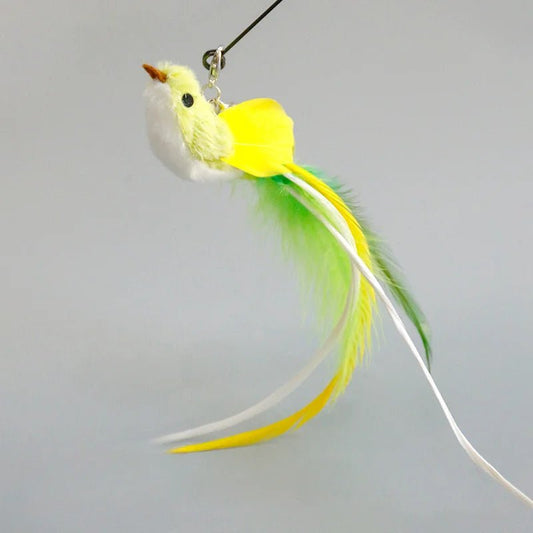 Baguette plume oiseau pour chat jaune et vert avec longue plume pour jeu félin