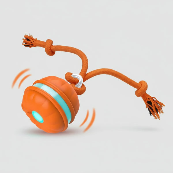 Balle interactive pour chien orange avec corde intégrée pour jeu actif et stimulation canine