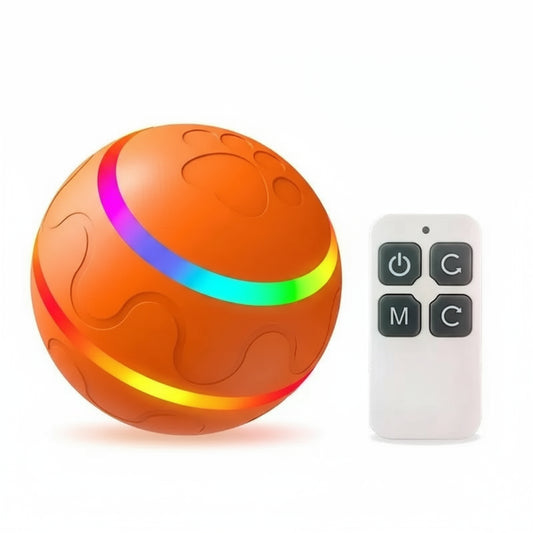 Balle interactive pour chien orange avec motifs patte et télécommande Oscar et Plume