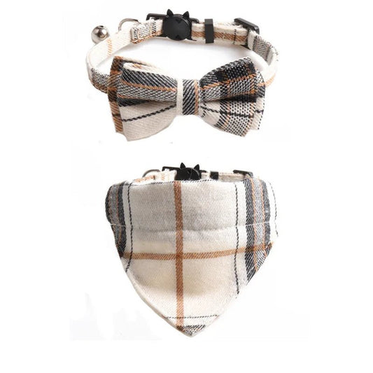 Collier pour chat avec bandana design carreaux pour chat motif beige noir et marron Oscar et Plume