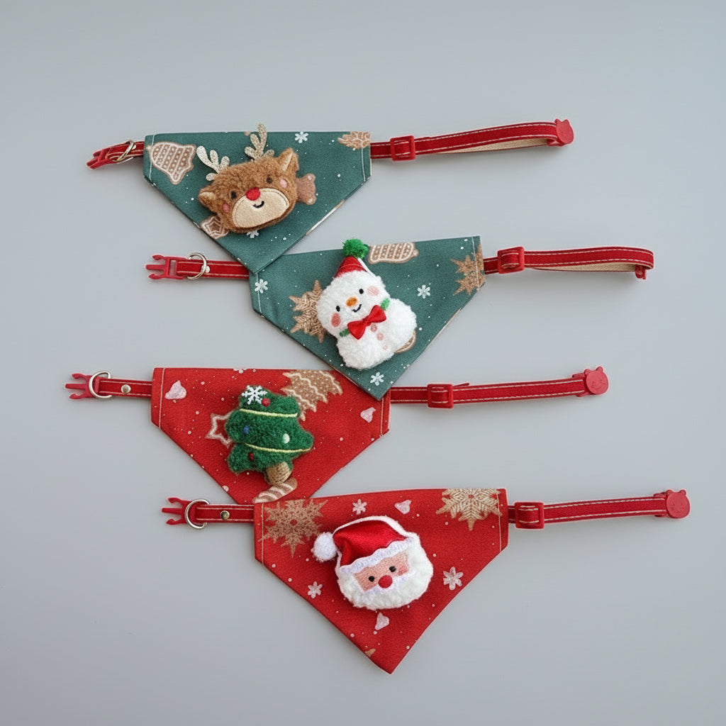 Accessoires bandana Noël pour chat et chien avec motifs de renne, sapin et bonhomme de neige