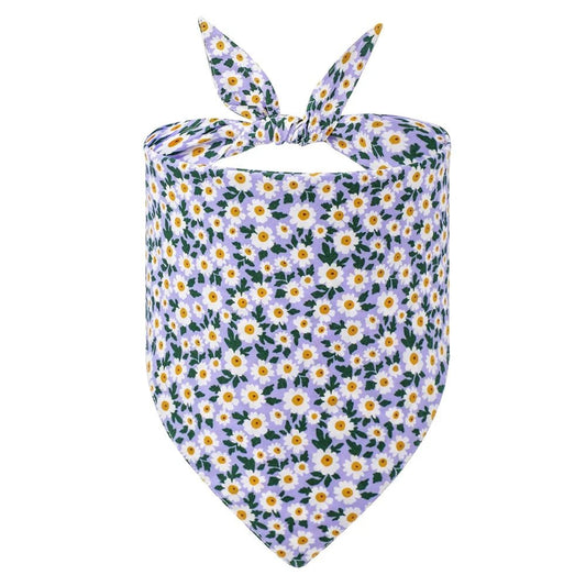 Bandana pour chien Oscar et Plume avec motif fleurs blanches jaunes sur fond lilas