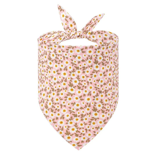 Bandana pour chien rose à motifs fleuris blancs et jaunes avec nouage simple Oscar et Plume
