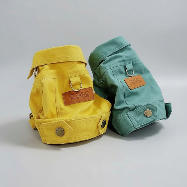 Blouson toile pour chien jaune et vert avec anneau métallique et bouton-pression pratique