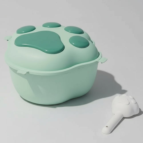 Boîte croquette pour chien verte en forme de patte avec cuillère assortie Oscar et Plume