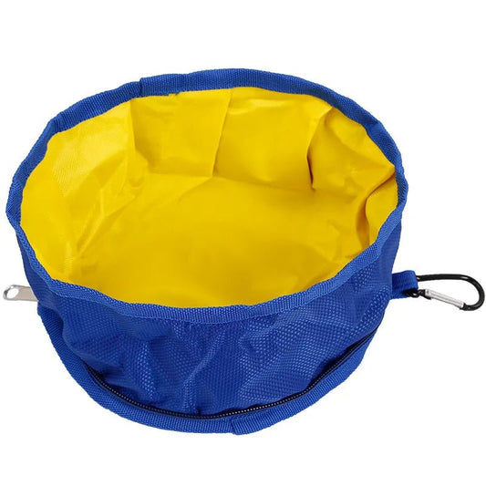 Bol portable pour chien pliable en tissu bleu et jaune avec mousqueton de transport
