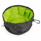 Bol portable pour chien pliable en tissu noir avec intérieur vert et mousqueton pour accrocher