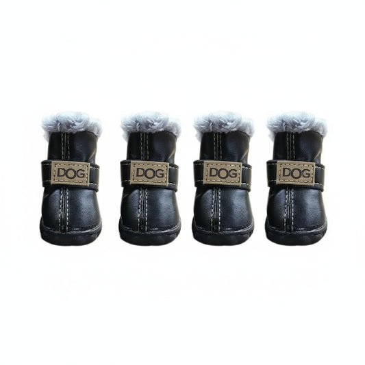 Bottes pour petit chien en cuir noir avec doublure fourrure et fermeture velcro marque Oscar et Plume
