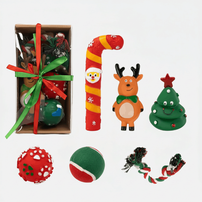 Coffret cadeau Noël pour petit chien contenant des jouets colorés et festifs pour animaux de compagnie