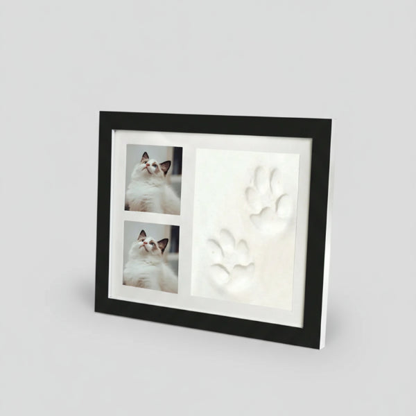 Cadre empreintes chien et chat en noir avec deux photos et empreintes de pattes sur fond blanc