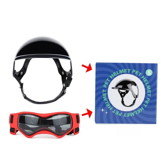 Casque pour chien avec lunettes de protection rouges et boîte de rangement Oscar et Plume