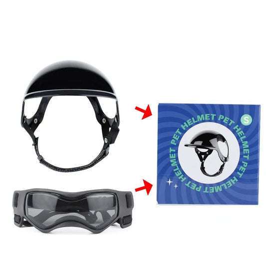 Casque pour chien avec lunettes noires et boîte de packaging de la marque Oscar et Plume