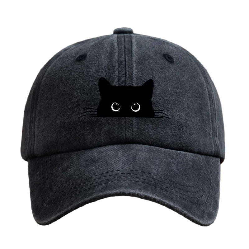 Casquette imprimé chat noire avec design de chat aux yeux ronds pour les amoureux des félins
