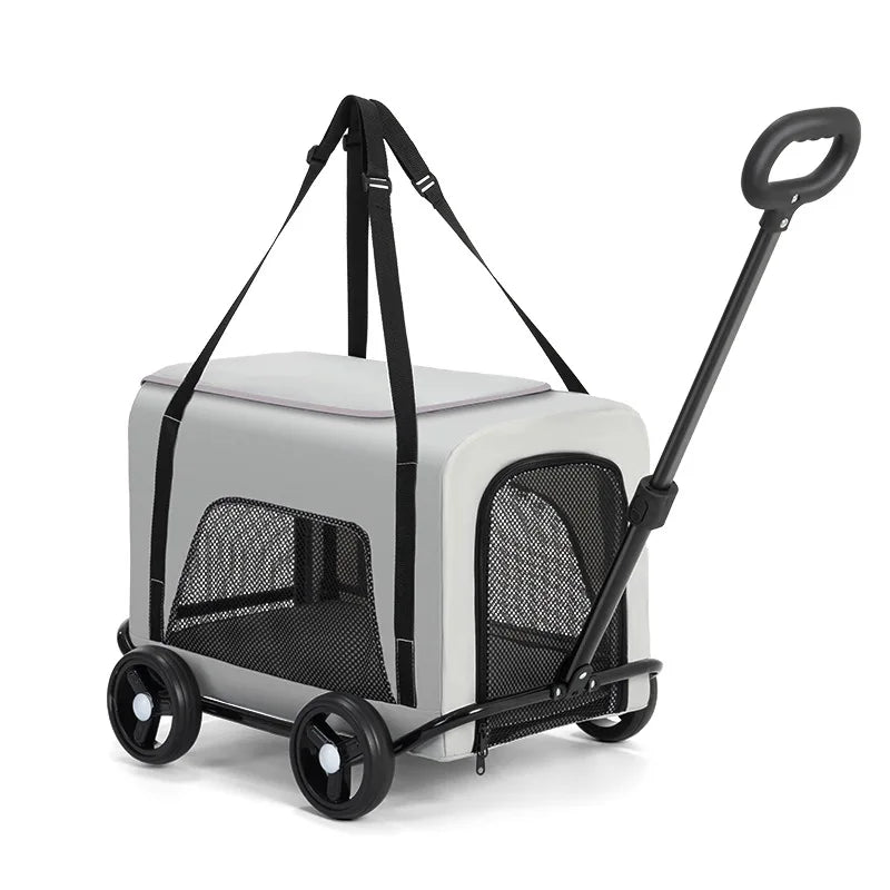 Chariot pliable pour chien et chat gris avec roues noires et poignées réglables pour transport facile