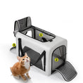Load image into Gallery viewer, Chariot pliable pour chien et chat gris avec rangement en filet et un chat roux à côté
