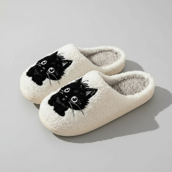 chaussons imprimé chat blancs en sherpa doux avec motif chat noir brodé et intérieur pelucheux