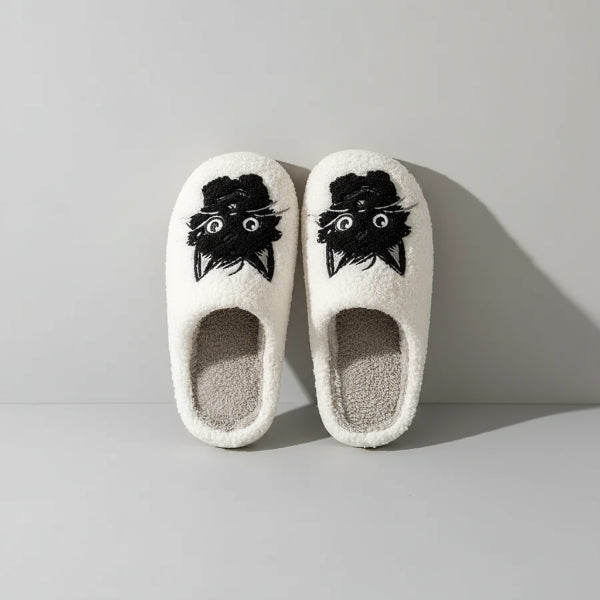 chaussons imprimé chat en peluche crème Oscar et Plume semelle rembourrée et intérieur douillet