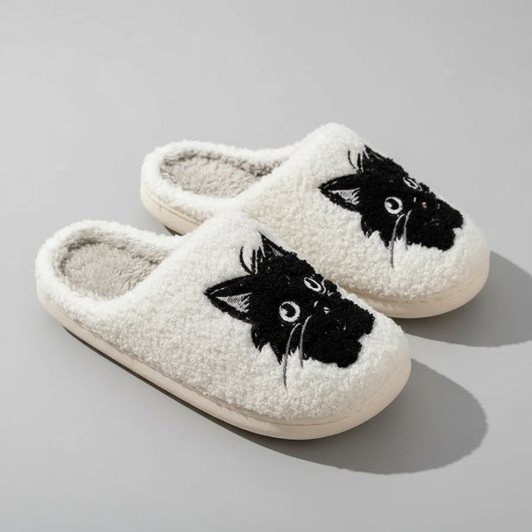 Oscar et Plume chaussons imprimé chat blancs en peluche doublure chaude et semelle antidérapante pour confort maison