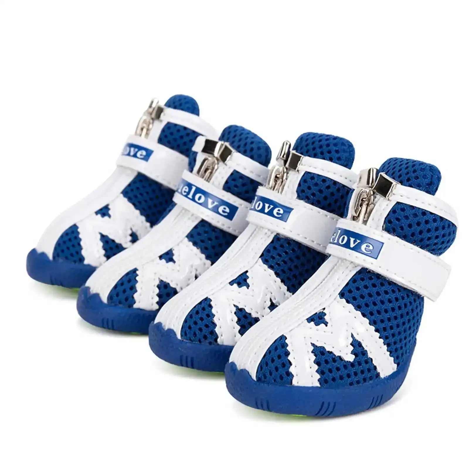 Chaussures imperméables pour chien bleues et blanches avec fermeture éclair et texture respirante