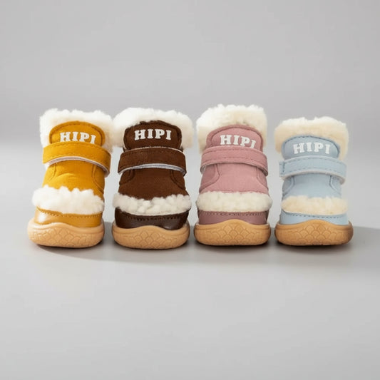 Chaussures petit chien Oscar et Plume colorées en jaune, marron, rose et bleu avec doublure en fourrure blanche