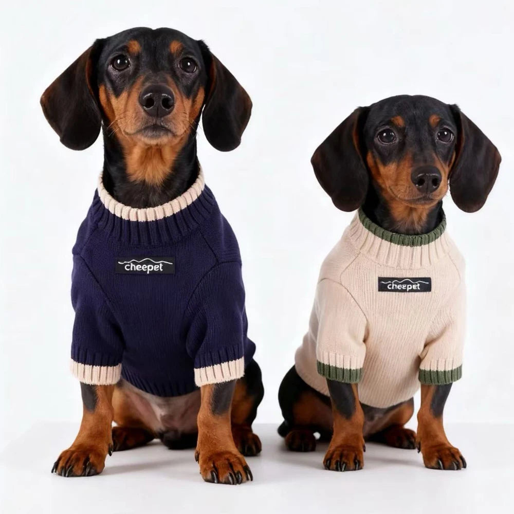 Pull chaud pour teckel en bleu marine et beige, parfait pour les chiens en hiver.