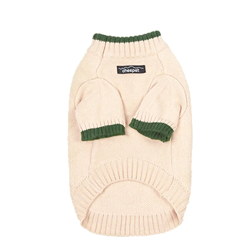 Pull chaud pour teckel en tricot beige avec des manches vertes pour garder votre chien au chaud