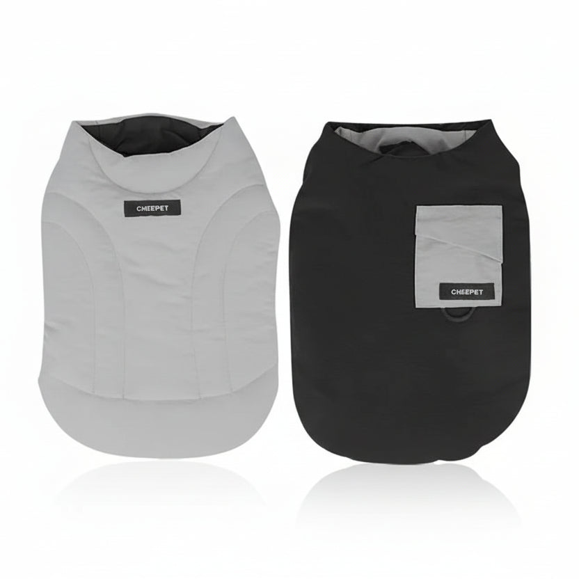 Veste réversible pour teckel en noir et gris avec poche et design confortable pour petits chiens