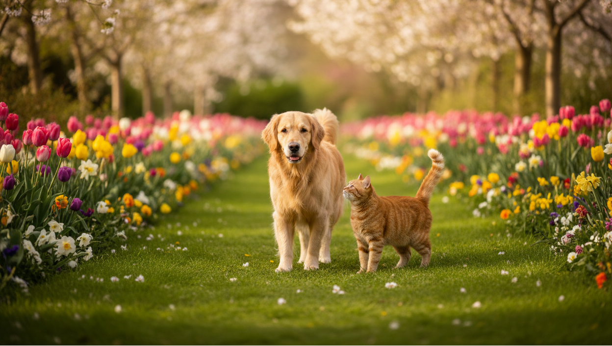chien et chat oscar et plume au printemps