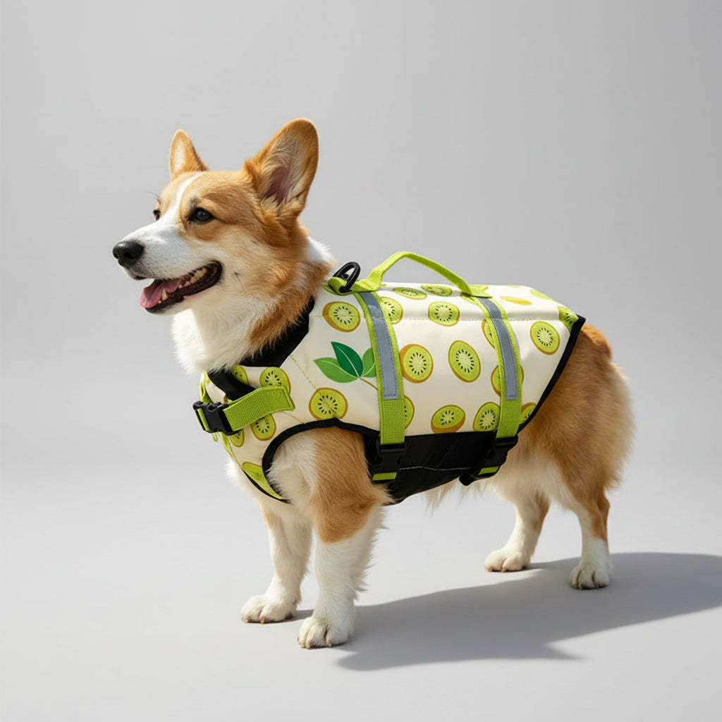 Gilet de Sauvetage pour chien Oscar et Plume avec motifs de kiwi et de fruits, idéal pour la baignade