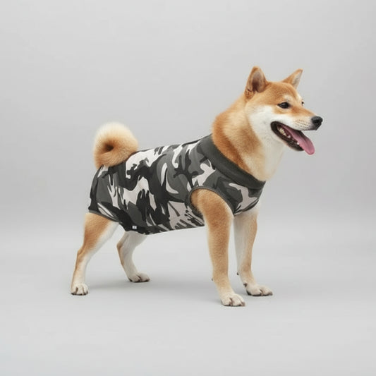 Chien portant un T-shirt post-opératoire chien camouflage gris conçu par Oscar et Plume