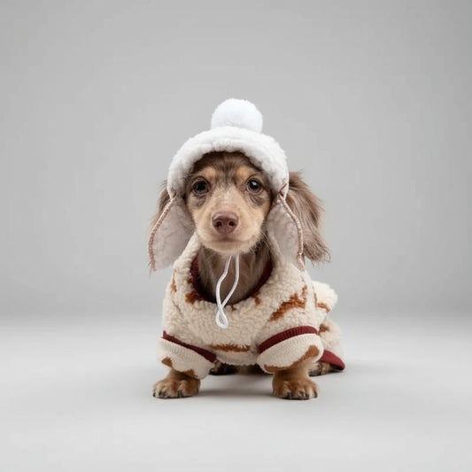 Chiot teckel portant manteau polaire pour teckel Oscar et Plume avec chapeau à oreilles assis sur un tabouret dans la neige