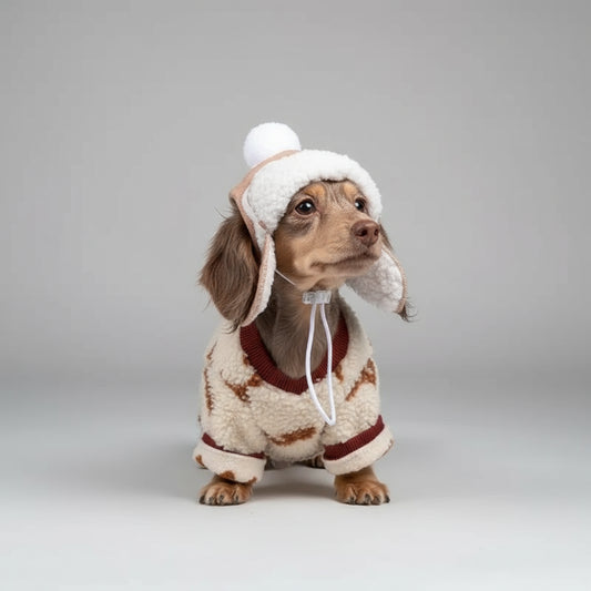 Chiot teckel en neige portant un manteau polaire pour teckel doublé sherpa avec bonnet à pompon