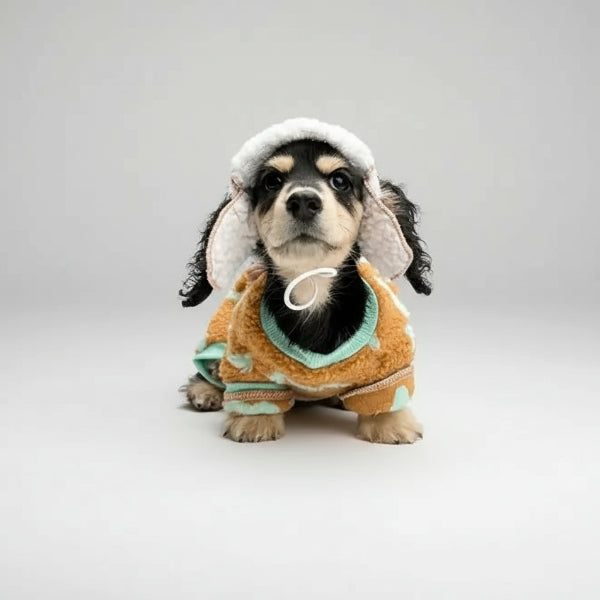 Chiot teckel noir et feu portant un manteau polaire pour teckel Oscar et Plume assis sur un tabouret sous la neige