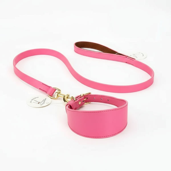collier et laisse lévrier rose en cuir Oscar et Plume avec large collier rembourré et ferrures dorées