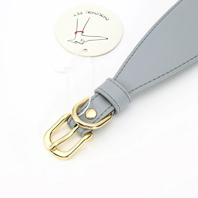 collier et laisse lévrier Oscar et Plume en cuir gris clair avec boucle dorée élégante et étiquette