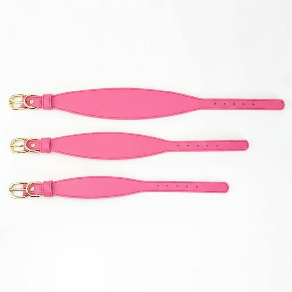 collier et laisse lévrier Oscar et Plume trois colliers roses en cuir profilés avec boucles dorées