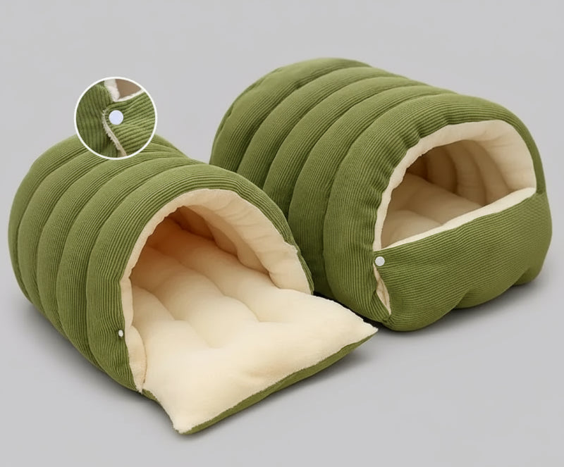 Cocon chaud pour chat vert en velours avec un intérieur doux et confortable pour le repos des félins