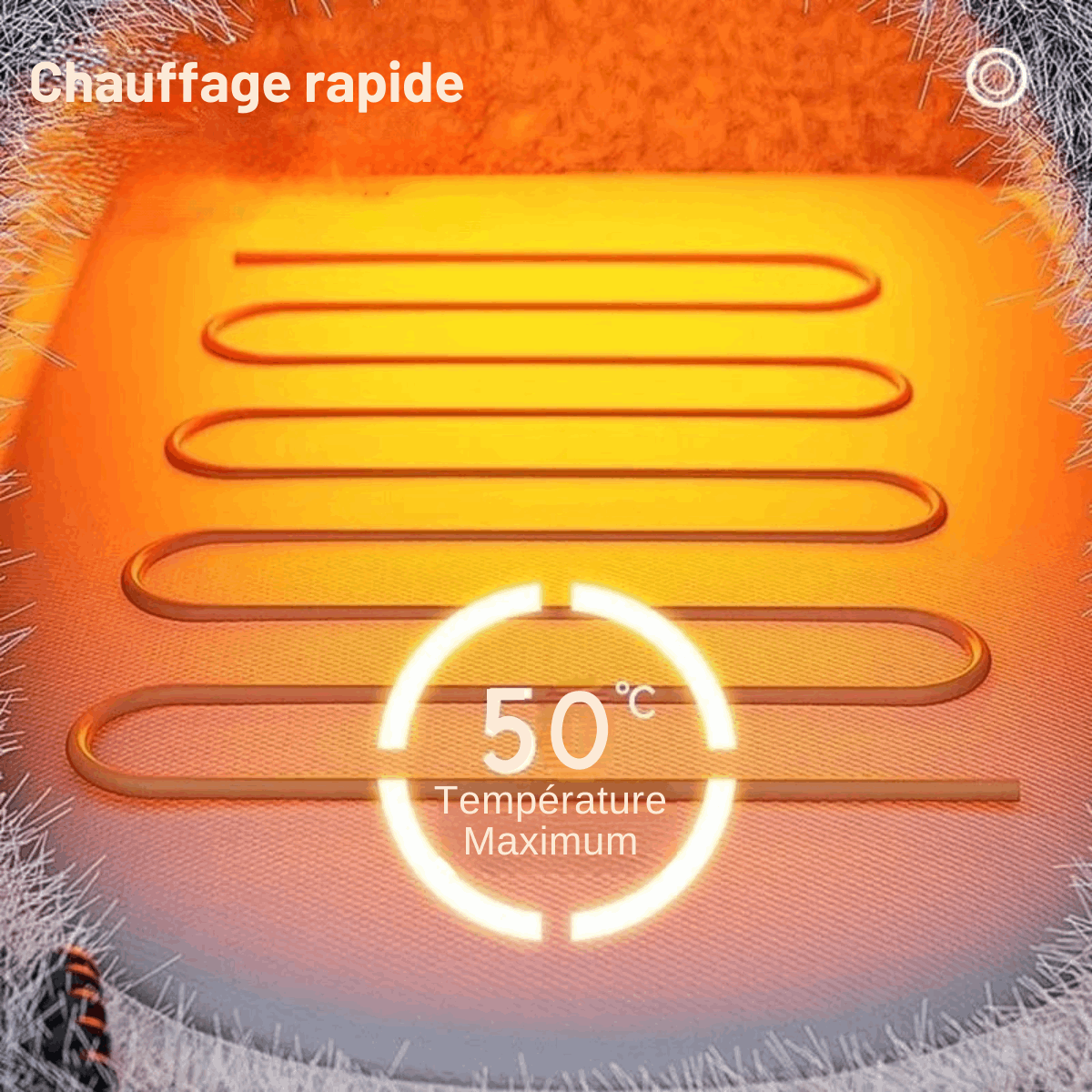 Oscar et Plume cocon chauffant pour chat montrant élément chauffant orange et temp max 50 degres bord fausse fourrure