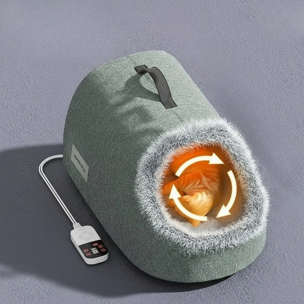 Panier cocon Oscar et Plume en tissu vert avec bordure fourrure et télécommande cocon chauffant pour chat douillet