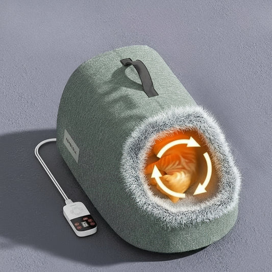 Panier cocon Oscar et Plume en tissu vert avec bordure fourrure et télécommande cocon chauffant pour chat douillet