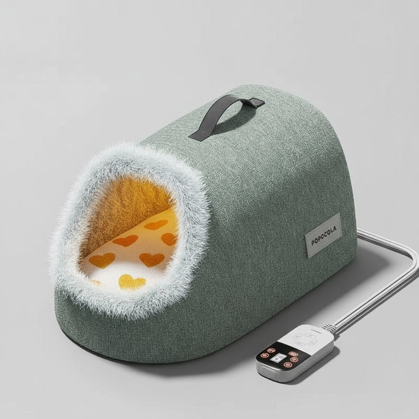 cocon chauffant pour chat Oscar et Plume en tissu vert avec interieur jaune peluche bord fourrure et telecommande de chauffage