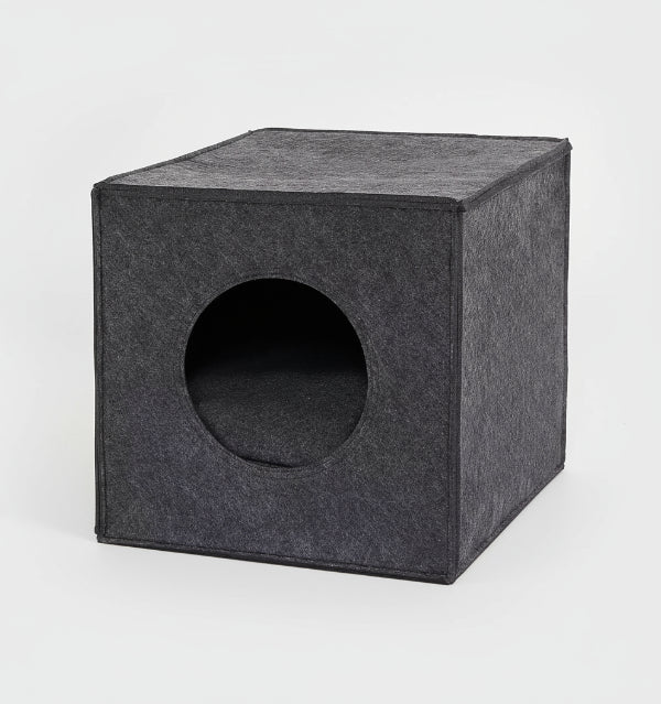 Cocon feutre chat cube noir avec ouverture ronde pour confort et intimité féline