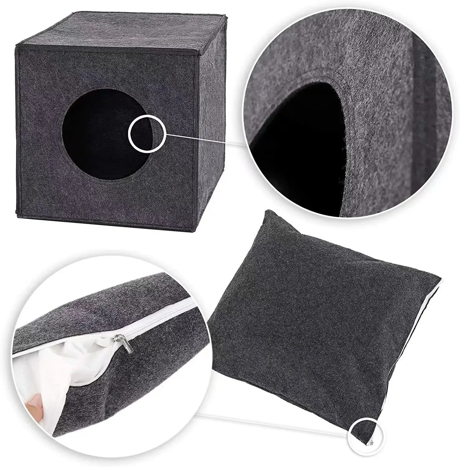 Cocon feutre chat gris foncé avec coussin amovible et fermeture éclair par Oscar et Plume