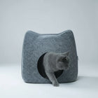 Cocon feutre pour chat gris en forme de tête de chat avec ouverture circulaire et chat gris qui sort