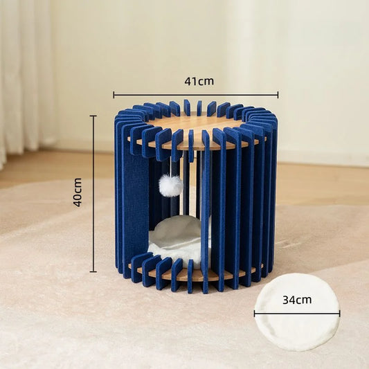 Cocon pour chat design bleu marine avec structure en bois et coussin blanc moelleux d'Oscar et Plume