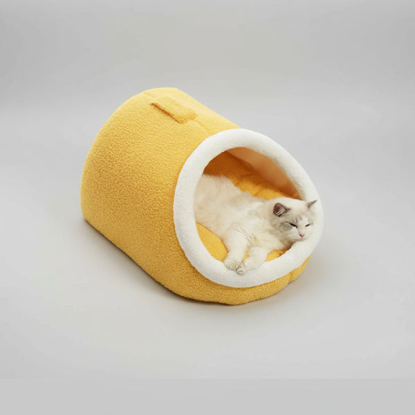 Cocon pour chat en peluche jaune avec intérieur douillet pour un confort optimal des chats