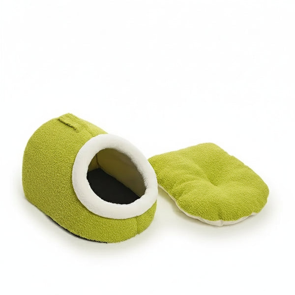Cocon pour chat en peluche vert avec coussin amovible pour le confort des félins