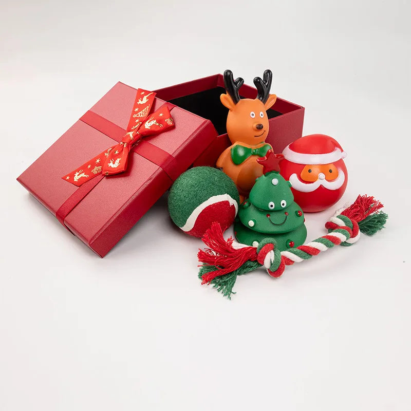 Coffret cadeau Noël pour petit chien avec jouets en caoutchouc et une corde de tir décorative